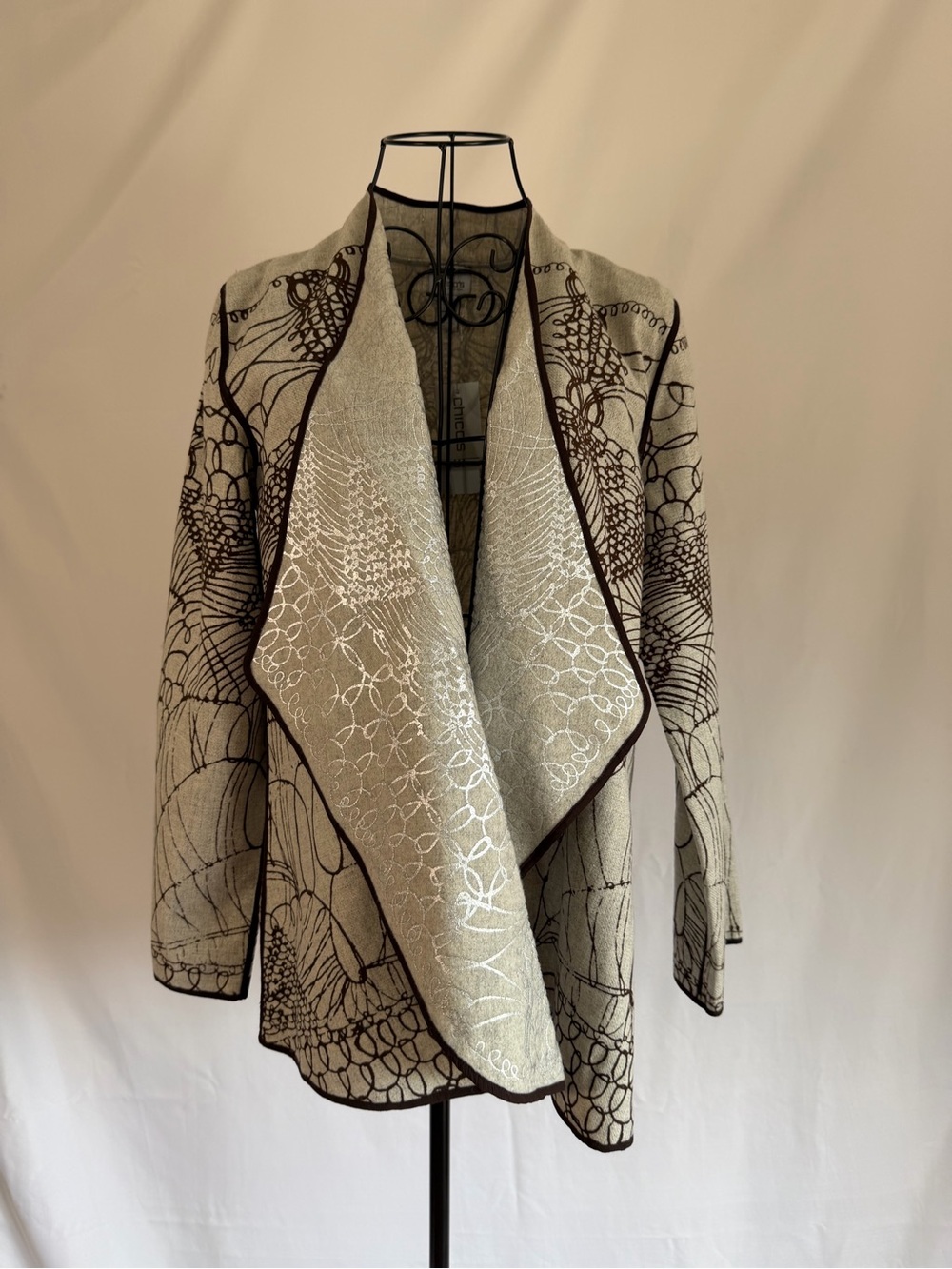 Chico's Grey and Brown Draped Open-Front Jacket